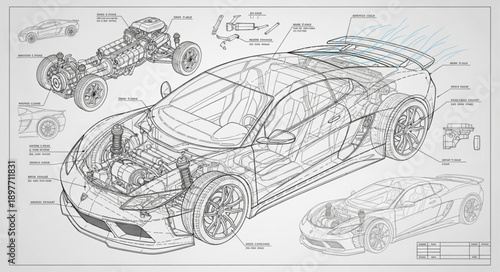 Detailed Blueprint of a Sports Car Engine and Chassis.