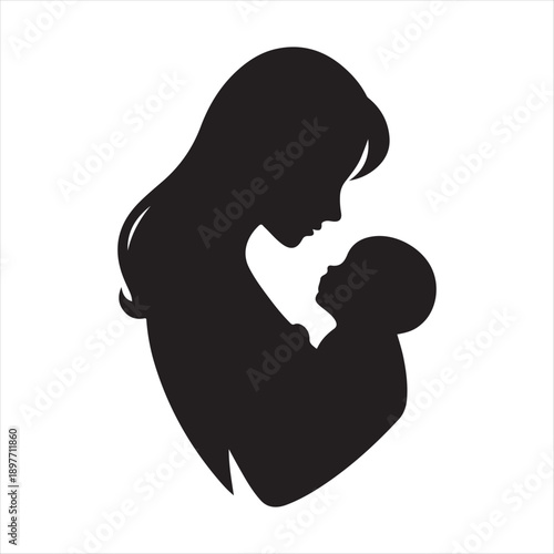 Mother holding baby vector silhouette outline logo design concept illustration