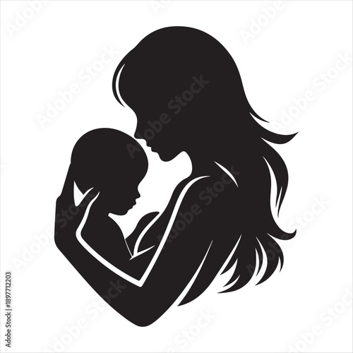Mother holding baby vector silhouette outline logo design concept illustration
