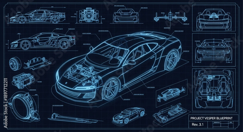 Detailed Blueprint of a Modern Sports Car.
