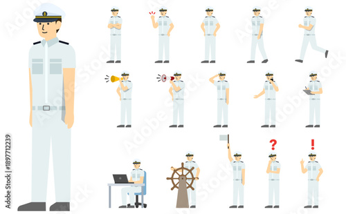 フラットイラスト：船員セット(白い制服)表情あり
