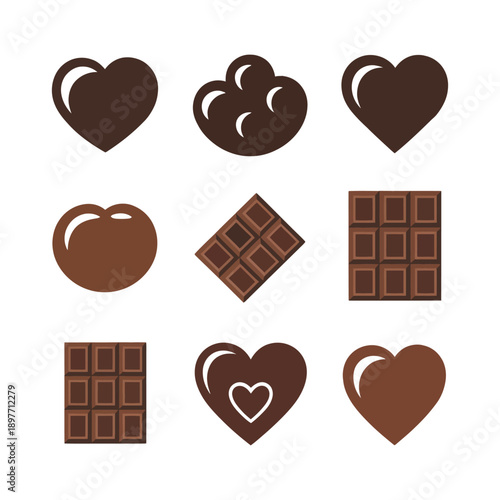 A collection of chocolate icons in various shapes and designs on a white background
