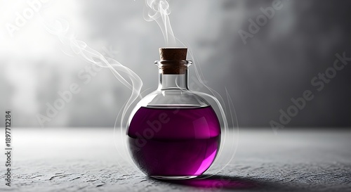 A magical purple potion in a round glass bottle emitting white smoke
