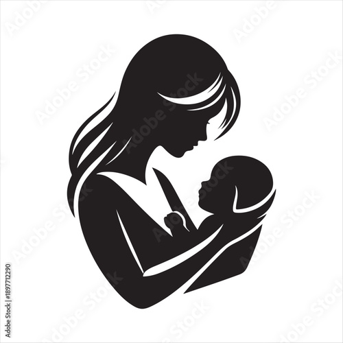 Mother holding baby vector silhouette outline logo design concept illustration