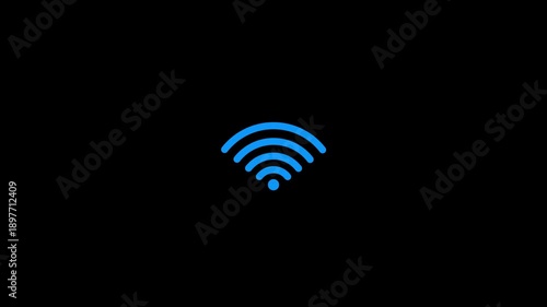 A bright blue outline of a wifi symbol with concentric radiating waves presented on a dark black background indicating wireless network availability or data transmission