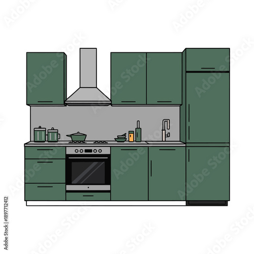 A modern kitchen with green cabinets and a stainless steel oven and range hood