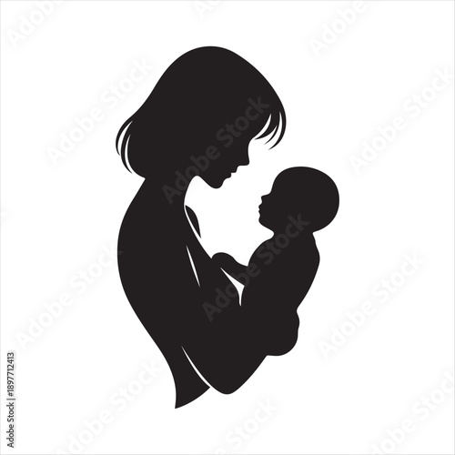 Mother holding baby vector silhouette outline logo design concept illustration