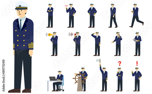 フラットイラスト：船員セット(冬)表情あり