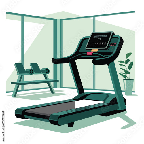 A modern treadmill in a green-toned gym with exercise equipment and a plant