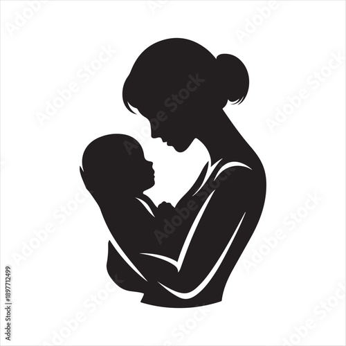 Mother holding baby vector silhouette outline logo design concept illustration