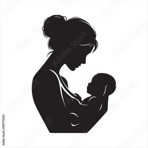 Mother holding baby vector silhouette outline logo design concept illustration