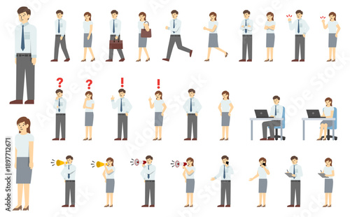 フラットイラスト：スーツを着た男女セット(夏)表情あり