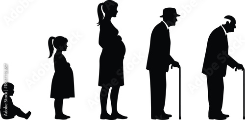 Black Silhouette Collection Showing Human Life Cycle from Baby and Child to Pregnant Woman and Elderly Seniors with Walking Canes Isolated on White Background