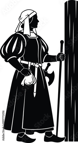 Black Silhouette of a Medieval Woman in Traditional Renaissance Attire Holding a Staff and Small Pouch Standing by a Wooden Pillar on White Background