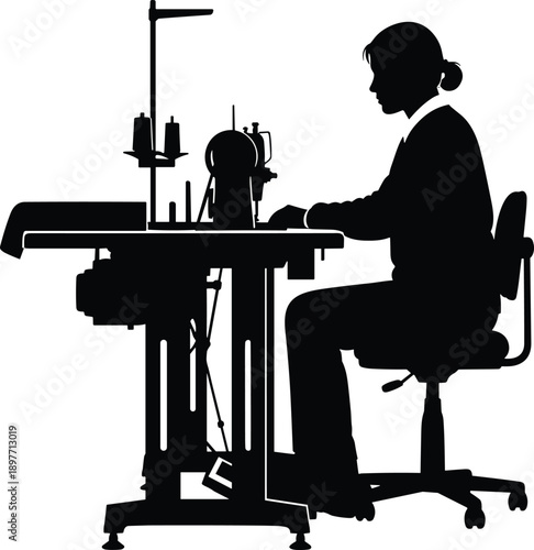 Black Silhouette of a Female Factory Worker Sitting and Operating a Professional Industrial Sewing Machine in a Textile Garment Manufacturing Plant for Fashion Production