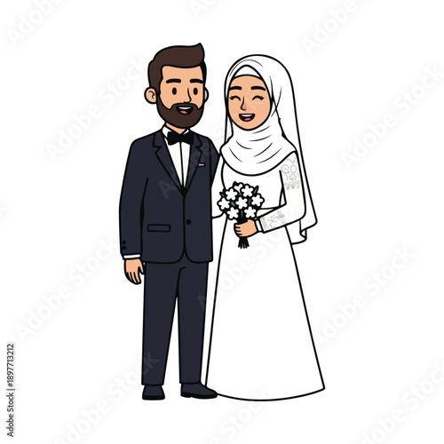 Muslim Wedding Couple Cartoon Illustration