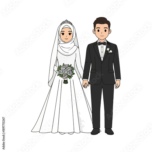 Muslim Bride and Groom Cartoon Illustration Wedding Couple Standing