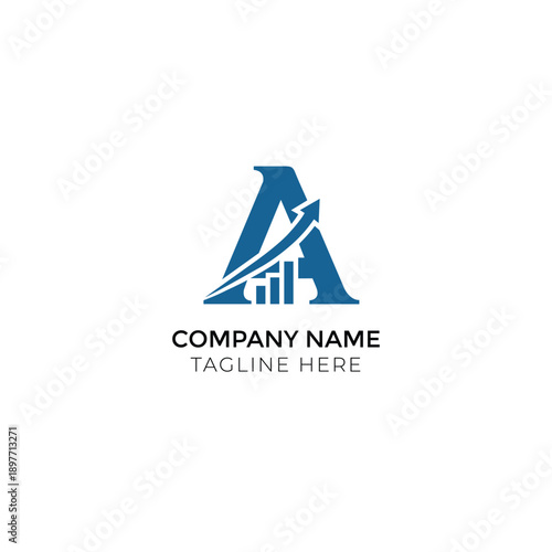 Capital letter A logo with upward financial growth arrow and bar chart icon in blue representing business success, stock investment, economic increase and corporate finance.