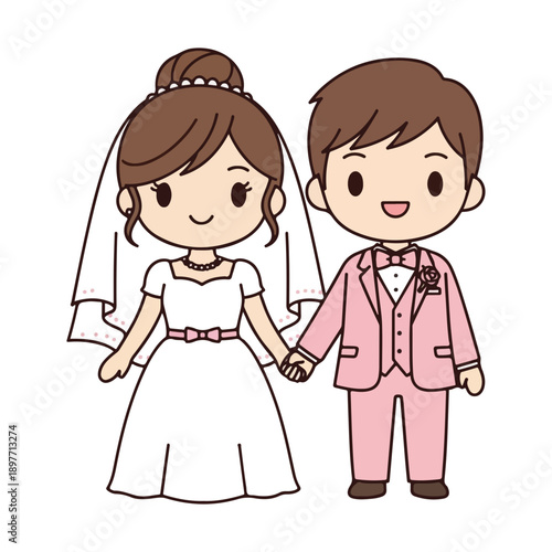 Cute Cartoon Wedding Couple Holding Hands