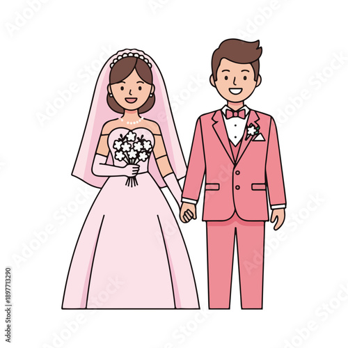Happy cartoon bride and groom wedding couple illustration