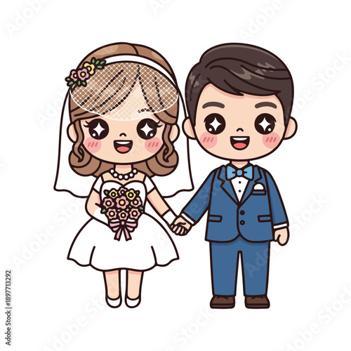 Cute cartoon wedding couple holding hands vector illustration