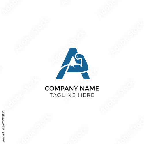 Title
Capital letter A logo integrated with muscular flexed arm symbol in blue color representing fitness, strength, bodybuilding, gym business and personal training. 