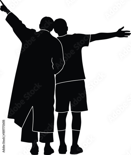 Black Silhouette of Two Men Standing Together from Behind with One Man Pointing and the Other with Arms Outstretched Toward the Future and Horizon