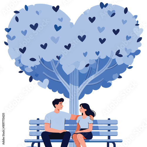 Romantic Couple Sitting on Park Bench Under Blue Heart Shaped Tree Illustration