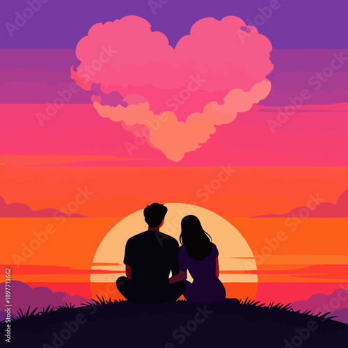 Couple Watching Sunset with Heart Shaped Cloud Romantic Silhouette