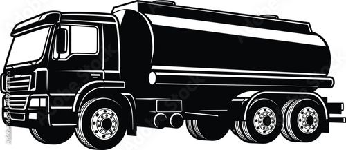 Black silhouette vector illustration of a heavy duty commercial tanker truck for fuel oil gas and liquid chemical transport logistics and industrial delivery concepts
