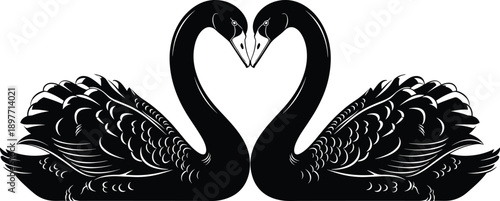 Black silhouette vector illustration of two elegant swans facing each other to form a heart shape for wedding romance love and anniversary design concepts