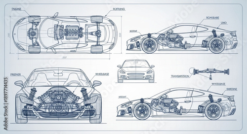 Detailed Blueprint Schematics of a Modern Sports Car.