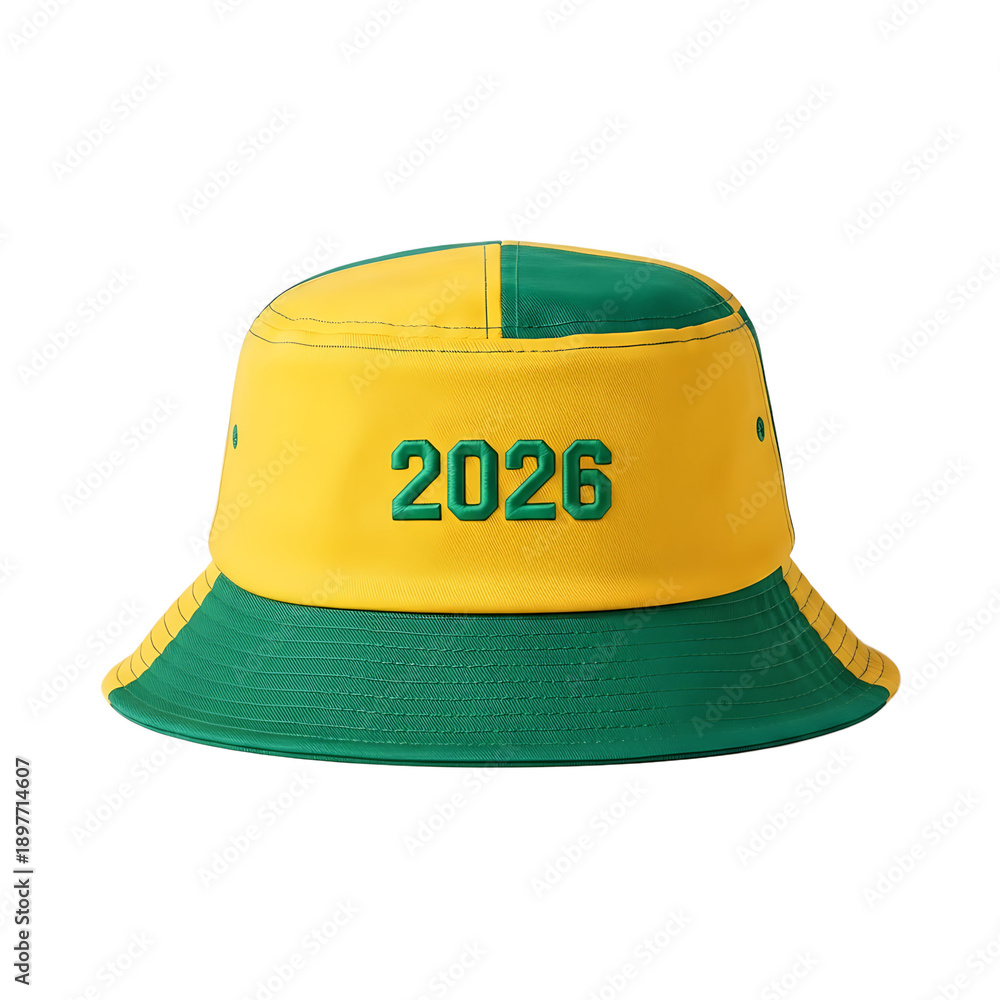 Fototapeta premium A stylish green and yellow bucket hat with the embroidered year 