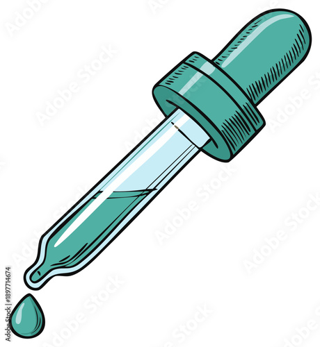 Teal medicine dropper with fluid emitting one single falling drop.