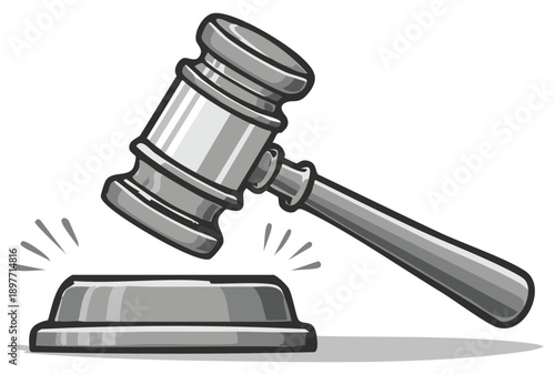 Silver Gavel Striking Block with Sound Waves Illustration