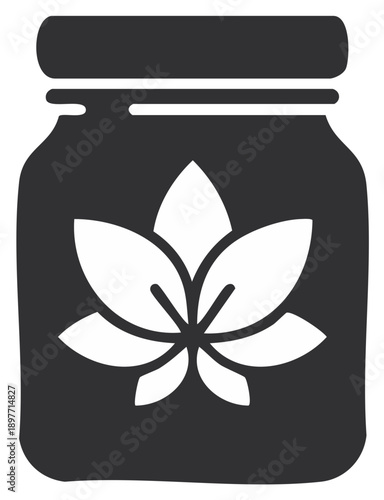 Iconic stylized jar with cannabis leaf symbol inside a dark monochrome graphic