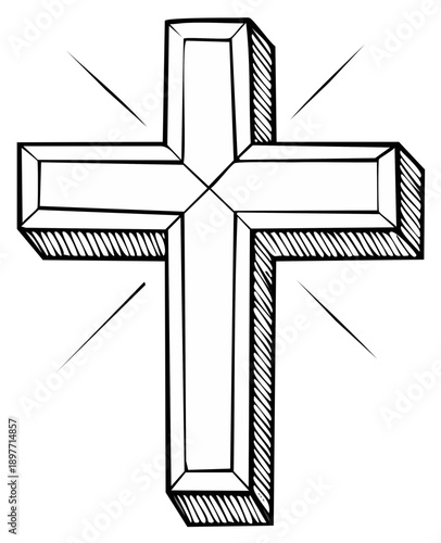 Drawn Cross Symbol with Rays, Religious Icon Representing Christianity with Shadow Detail and Black Outline