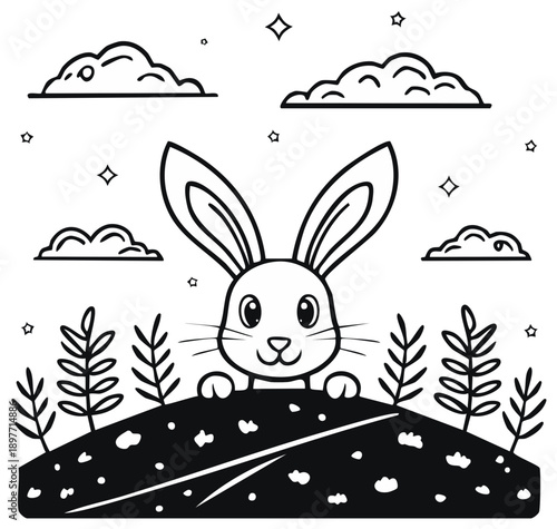 Cartoon bunny peering from behind hill and plants