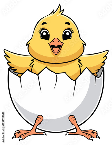 Cute cartoon baby chick hatching from a broken eggshell illustration
