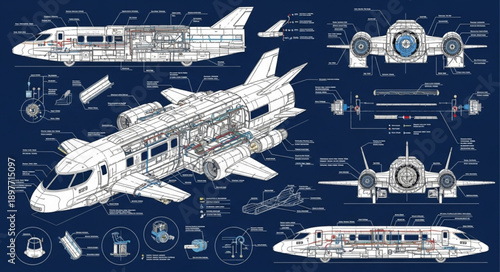Detailed Blueprint Schematics of Futuristic Aircraft and Spacecraft Designs.