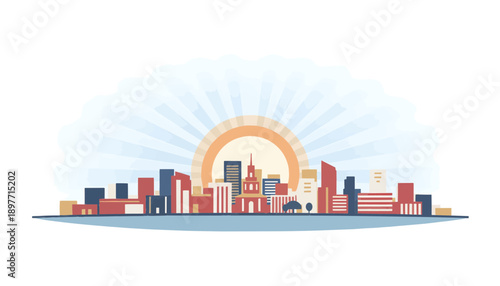 Serbian city skyline with rising sun symbolizing independence and freedom, soft color palette based on red blue white, modern minimal design, no text, no landmarks trademark