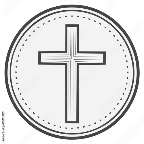 Simple Christian Cross Symbol Inside a Circular Outline and Dotted Border