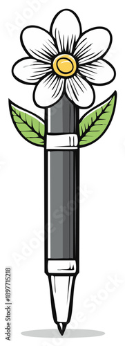 Creative pen with flower head and leaves illustration