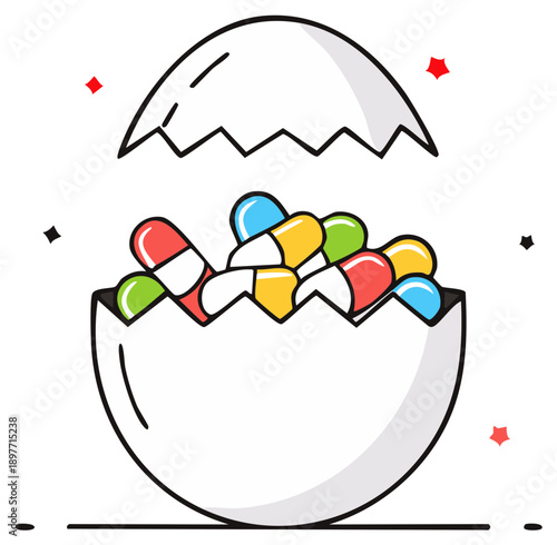 Hatching a Cure Medical Concept with Colorful Pills and Capsules in a Cracked Eggshell