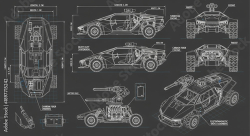 Detailed Blueprint Schematics of Futuristic Vehicles.