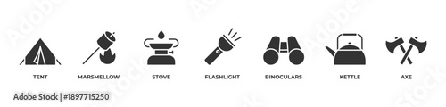 Camping Essentials Icons set vector illustration glyph with Tent, Marsmellow, Stove, Flashlight, Binoculars, Kettle, Axe