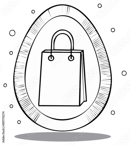 Shopping bag icon inside an egg shaped frame with radiating lines and dots, outline illustration.