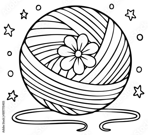 Decorative line art illustration of a yarn ball with a flower and stars