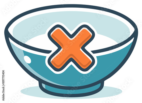 Cartoon bowl with orange cross symbol inside, negative concept.