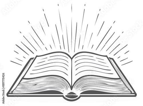 Open book with emanating light rays illustration